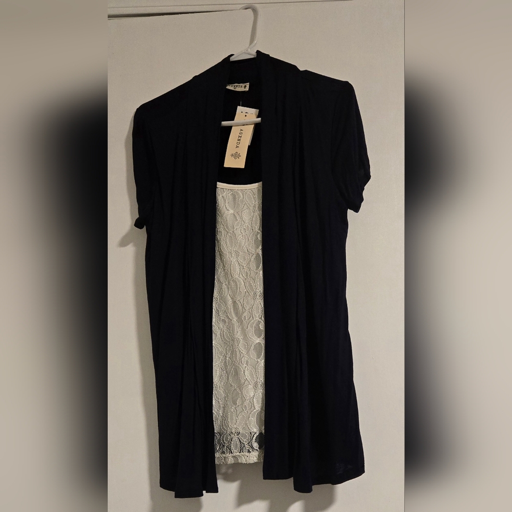 Navy Short Sleeve Cardigan with White Lace Top (Attached)